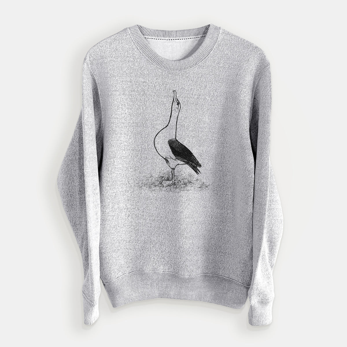 Salt and pepper knit sweatshirt laid flat, printed with a black ink illustration of a wandering albatross with its head raised.