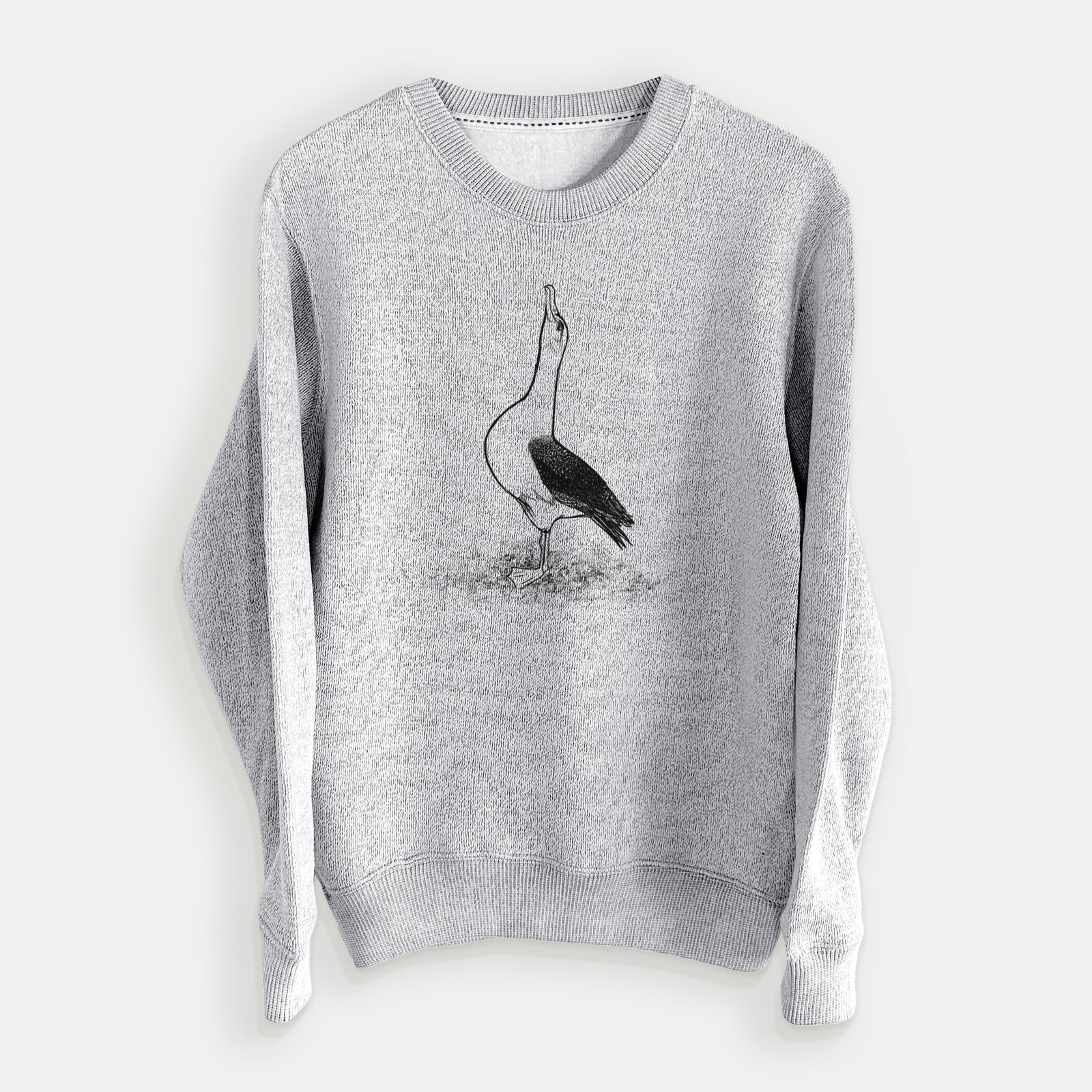 Salt and pepper knit sweatshirt laid flat, printed with a black ink illustration of a wandering albatross with its head raised.