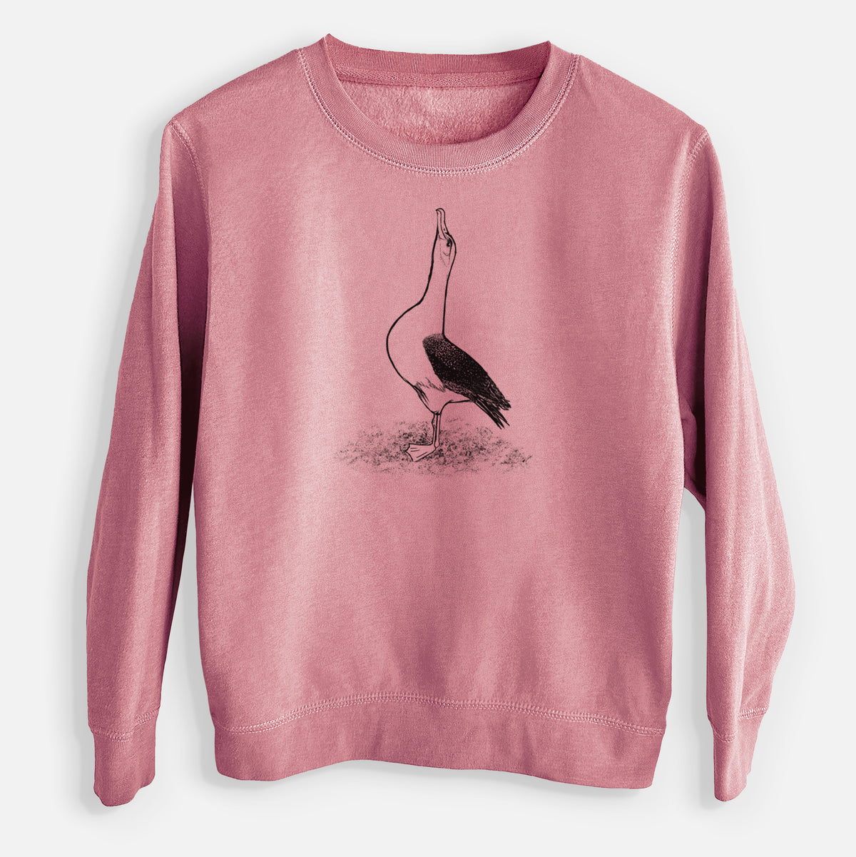 Mauve pink youth crewneck sweatshirt laid flat, printed with a black ink illustration of a wandering albatross with its head raised.