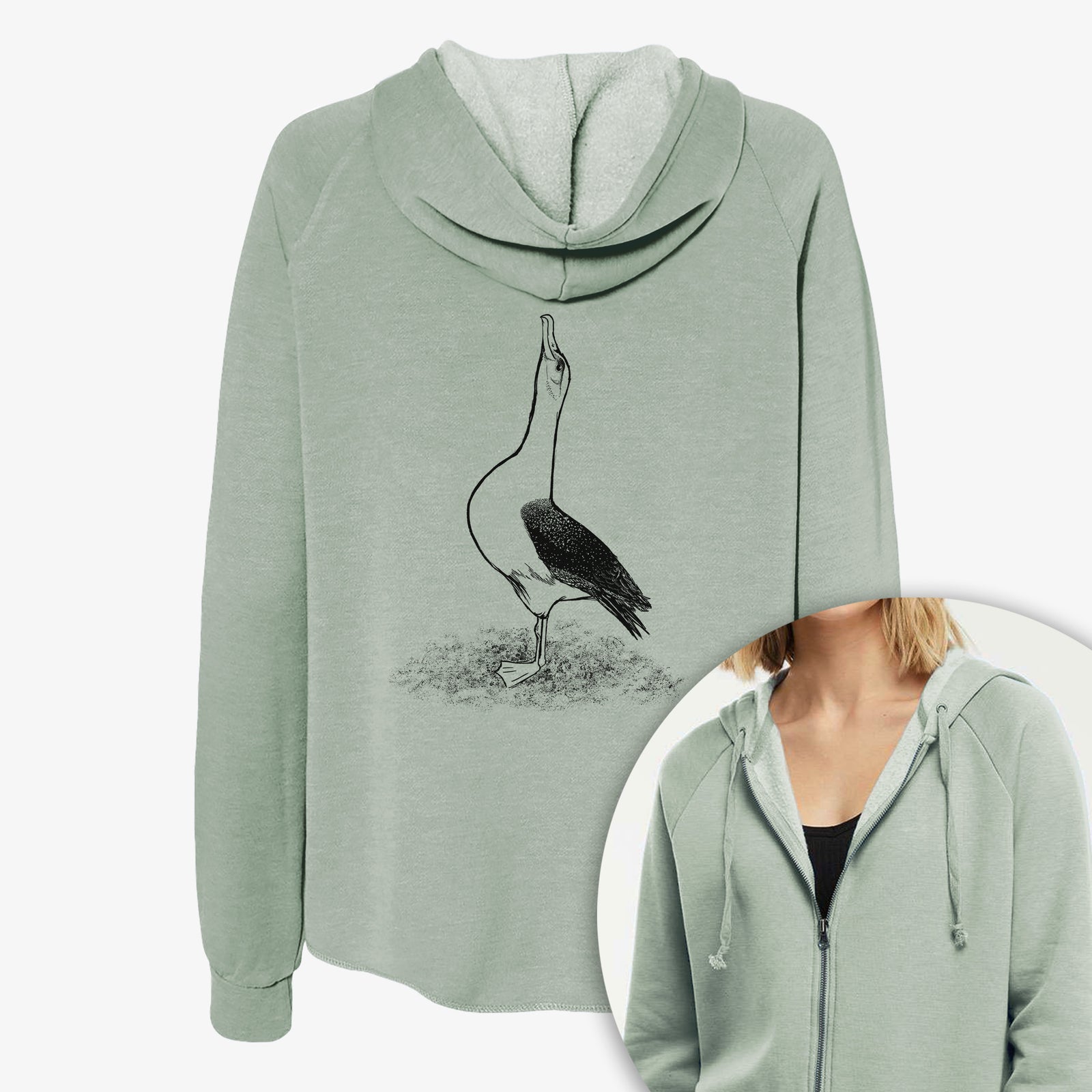 Women's Cali Wave zip-up sweatshirt printed with a black ink illustration of a wandering albatross with its head raised, with a close-up of the zipper.