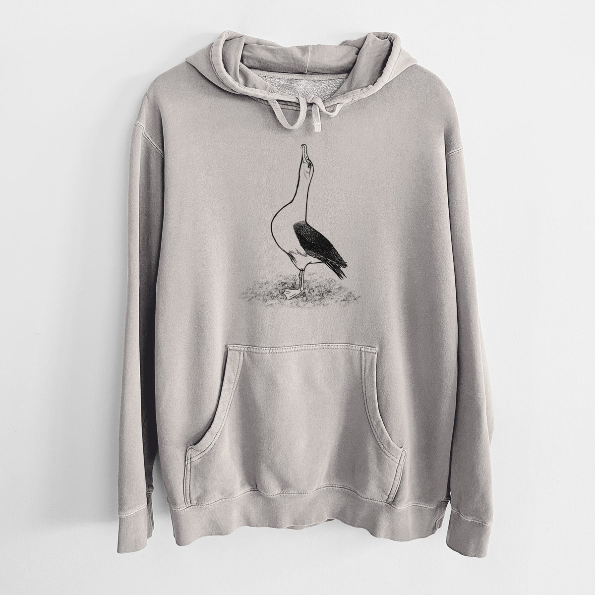 Cement grey pigment dyed hoodie laid flat, printed with a black ink illustration of a wandering albatross with its head raised.