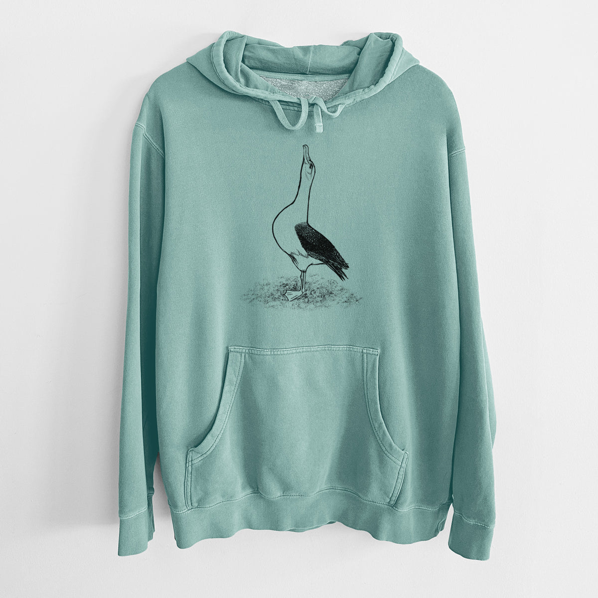 Mint green pigment dyed hoodie laid flat, printed with a black ink illustration of a wandering albatross with its head raised.