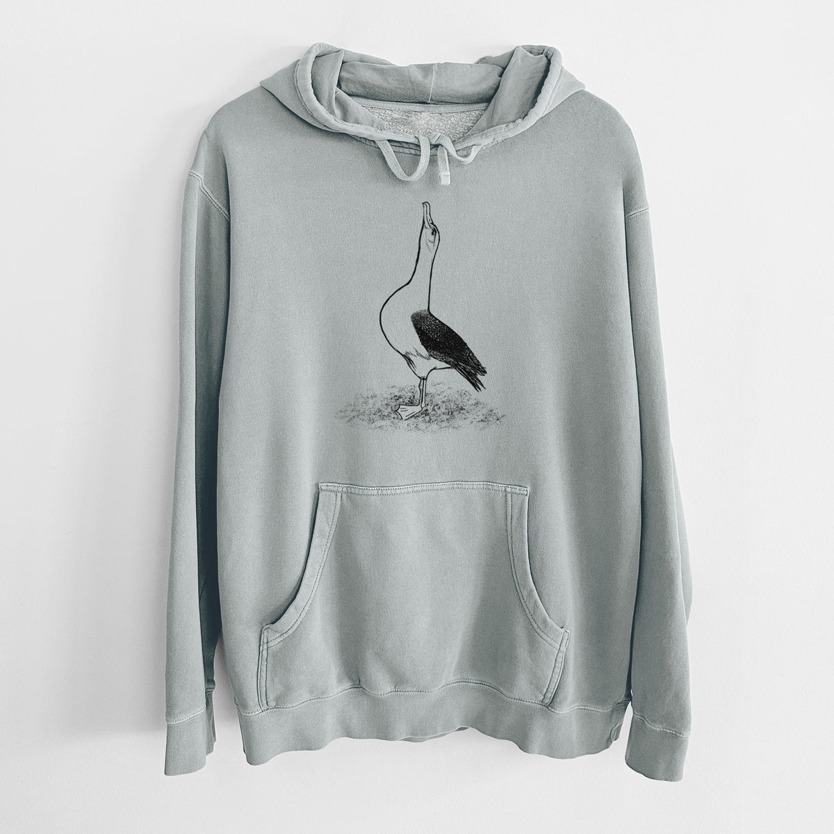 Sage green pigment dyed hoodie laid flat, printed with a black ink illustration of a wandering albatross with its head raised.