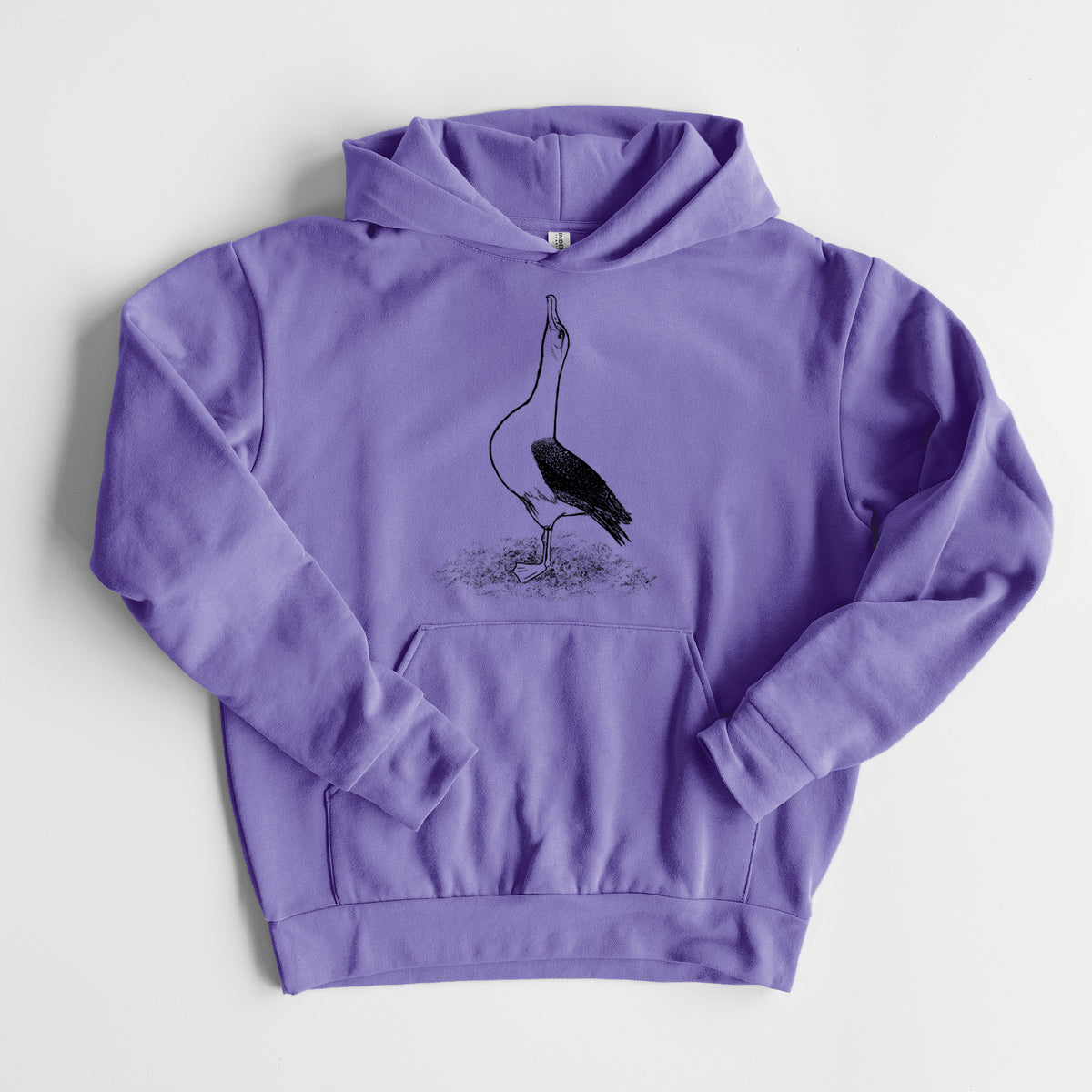 Diomedea exulans - Wandering Albatross - Statement Midweight Hoodie in Violet, laid flat, showing the oversized boxy fit and front kangaroo pocket.