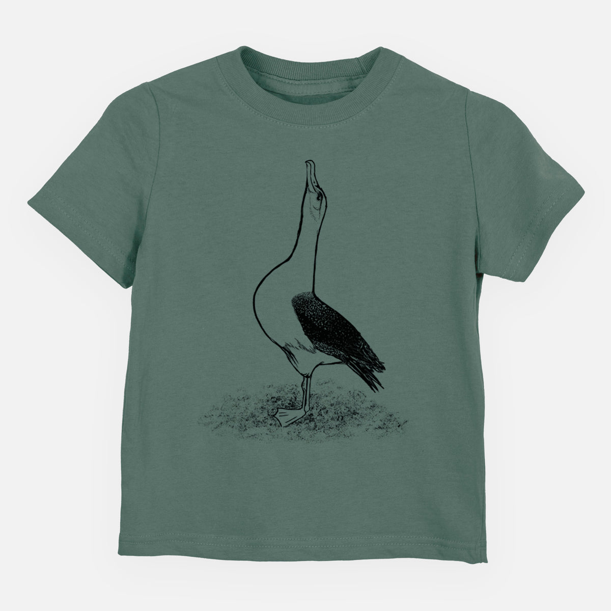 Basil green toddler t-shirt laid flat, printed with a black ink illustration of a wandering albatross with its head raised.