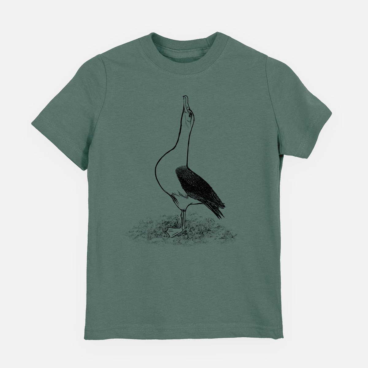 Basil green youth t-shirt laid flat, printed with a black ink illustration of a wandering albatross with its head raised.