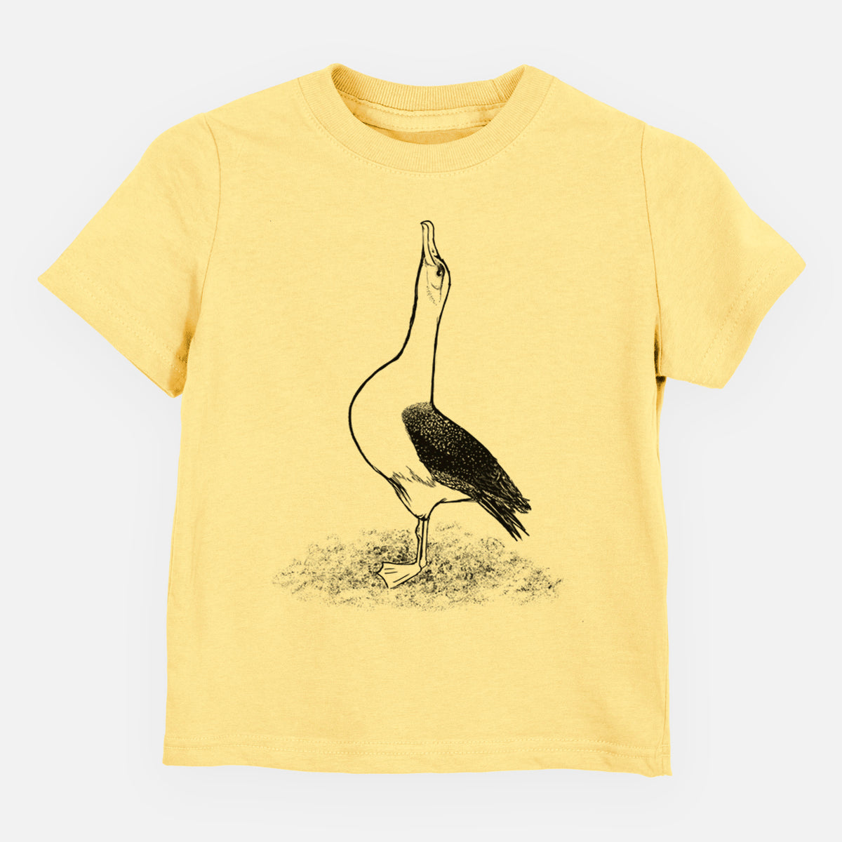 Butter yellow toddler t-shirt laid flat, printed with a black ink illustration of a wandering albatross with its head raised.