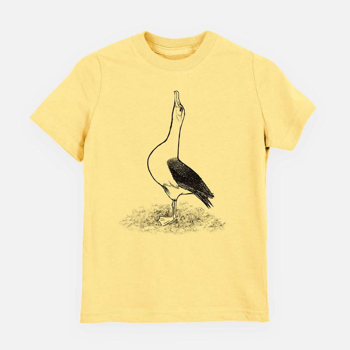 Butter yellow youth t-shirt laid flat, printed with a black ink illustration of a wandering albatross with its head raised.