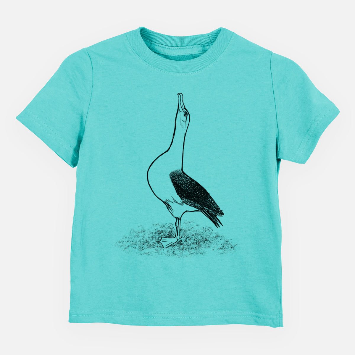 Caribbean blue toddler t-shirt laid flat, printed with a black ink illustration of a wandering albatross with its head raised.