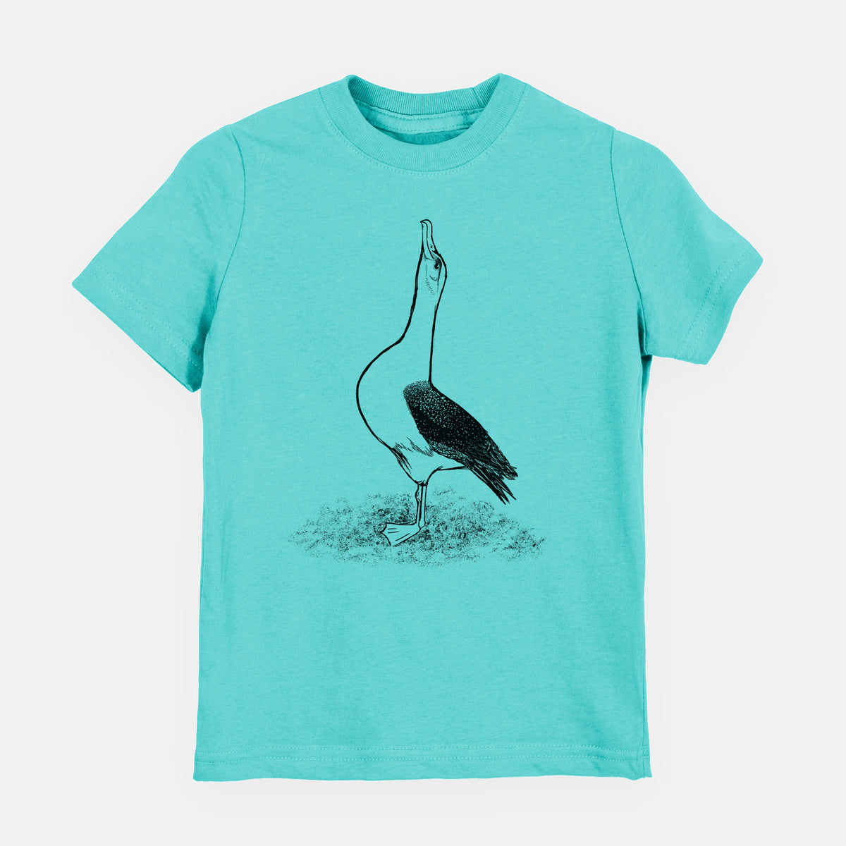 Caribbean blue youth t-shirt laid flat, printed with a black ink illustration of a wandering albatross with its head raised.