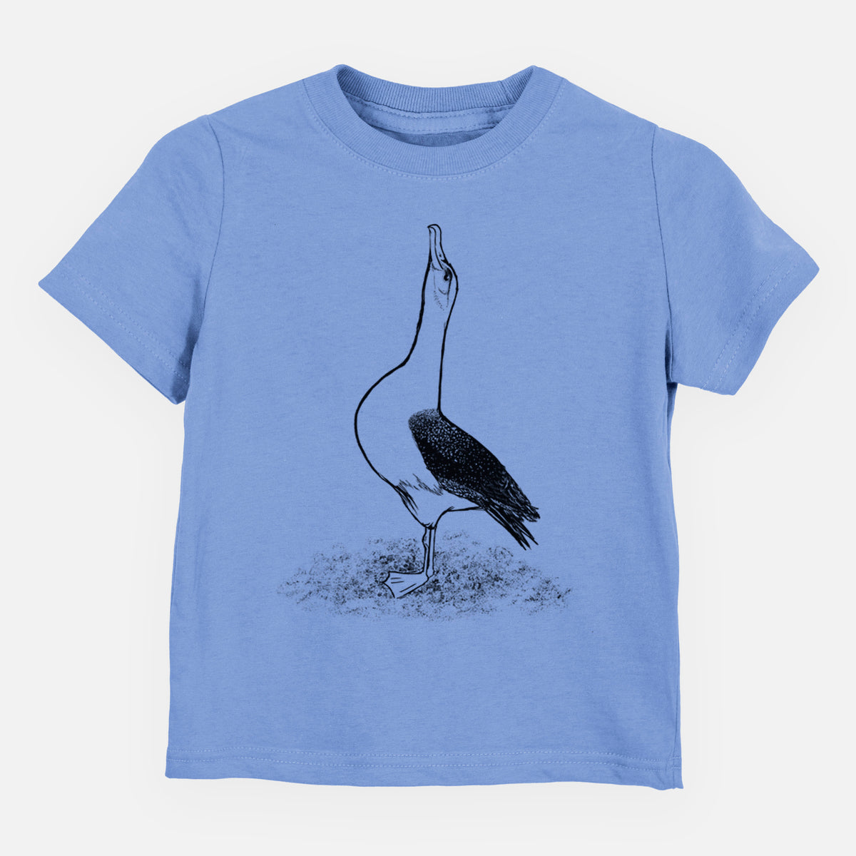 Carolina blue toddler t-shirt laid flat, printed with a black ink illustration of a wandering albatross with its head raised.
