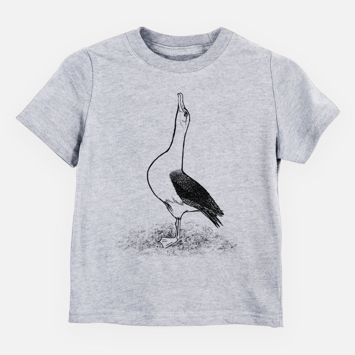 Heather grey toddler t-shirt laid flat, printed with a black ink illustration of a wandering albatross with its head raised.