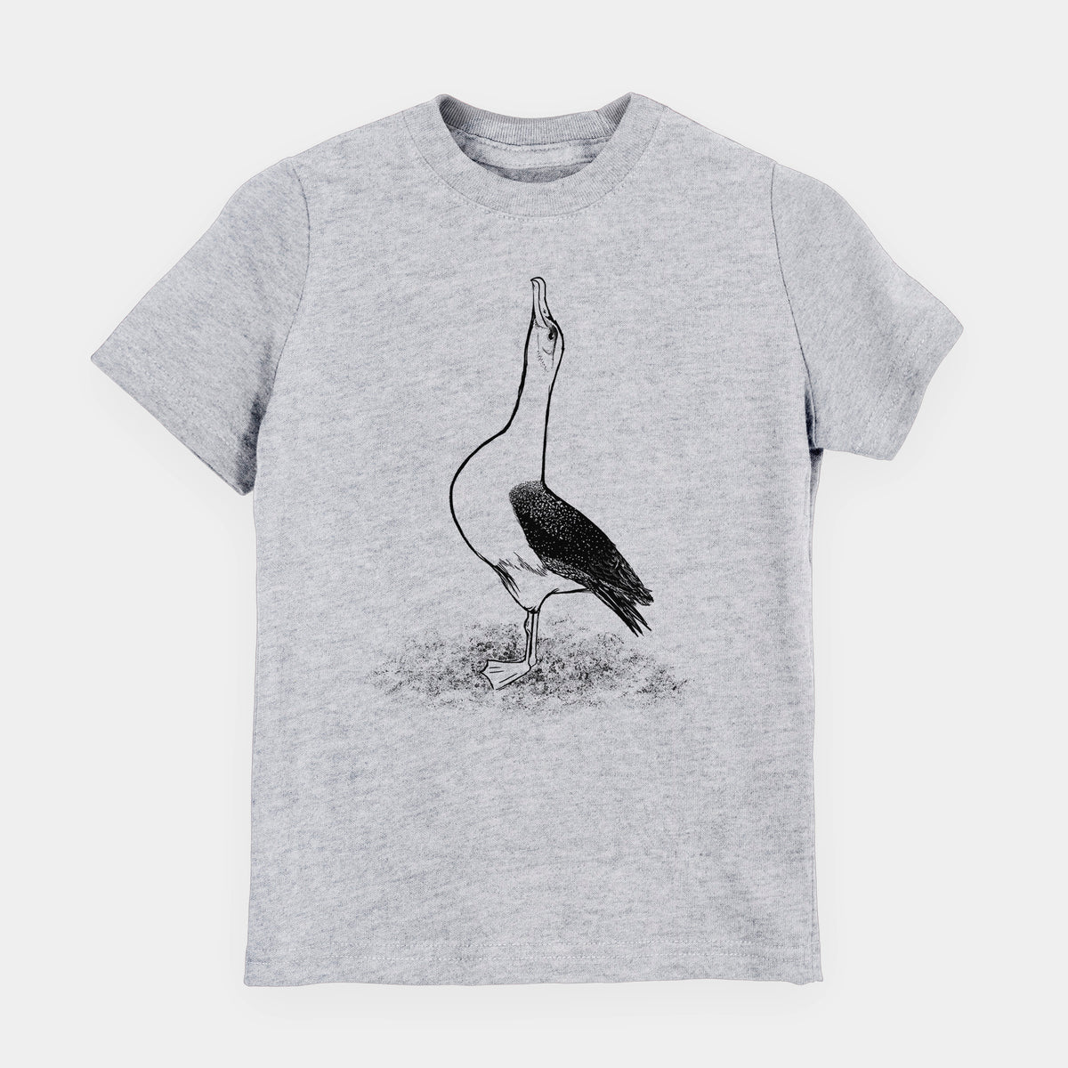 Heather grey youth t-shirt laid flat, printed with a black ink illustration of a wandering albatross with its head raised.