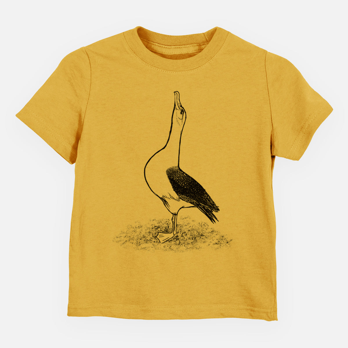 Honeycomb yellow toddler t-shirt laid flat, printed with a black ink illustration of a wandering albatross with its head raised.