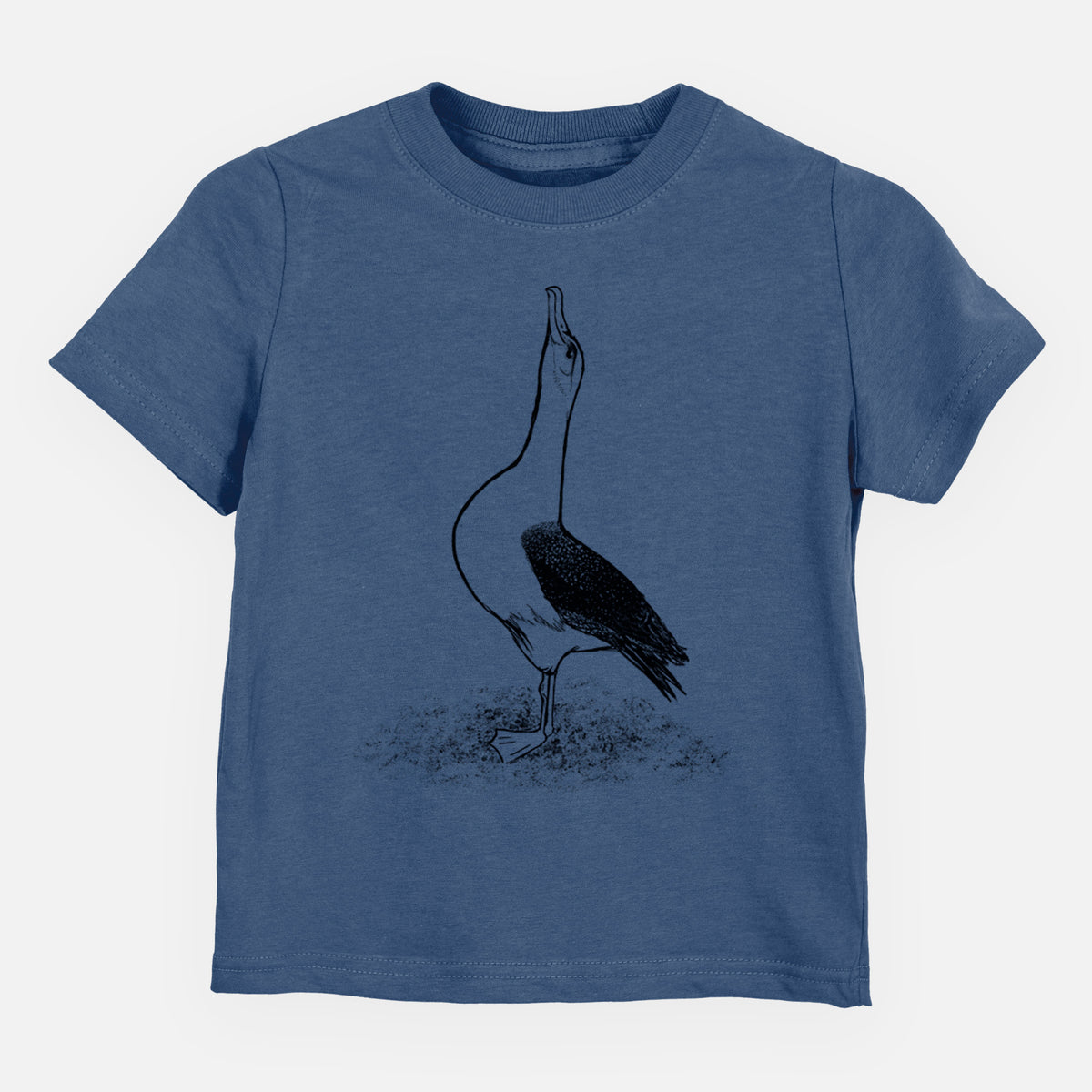 Indigo blue toddler t-shirt laid flat, printed with a black ink illustration of a wandering albatross with its head raised.