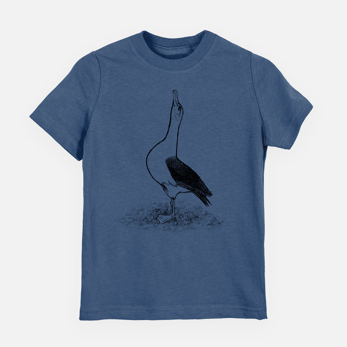 Indigo blue youth t-shirt laid flat, printed with a black ink illustration of a wandering albatross with its head raised.