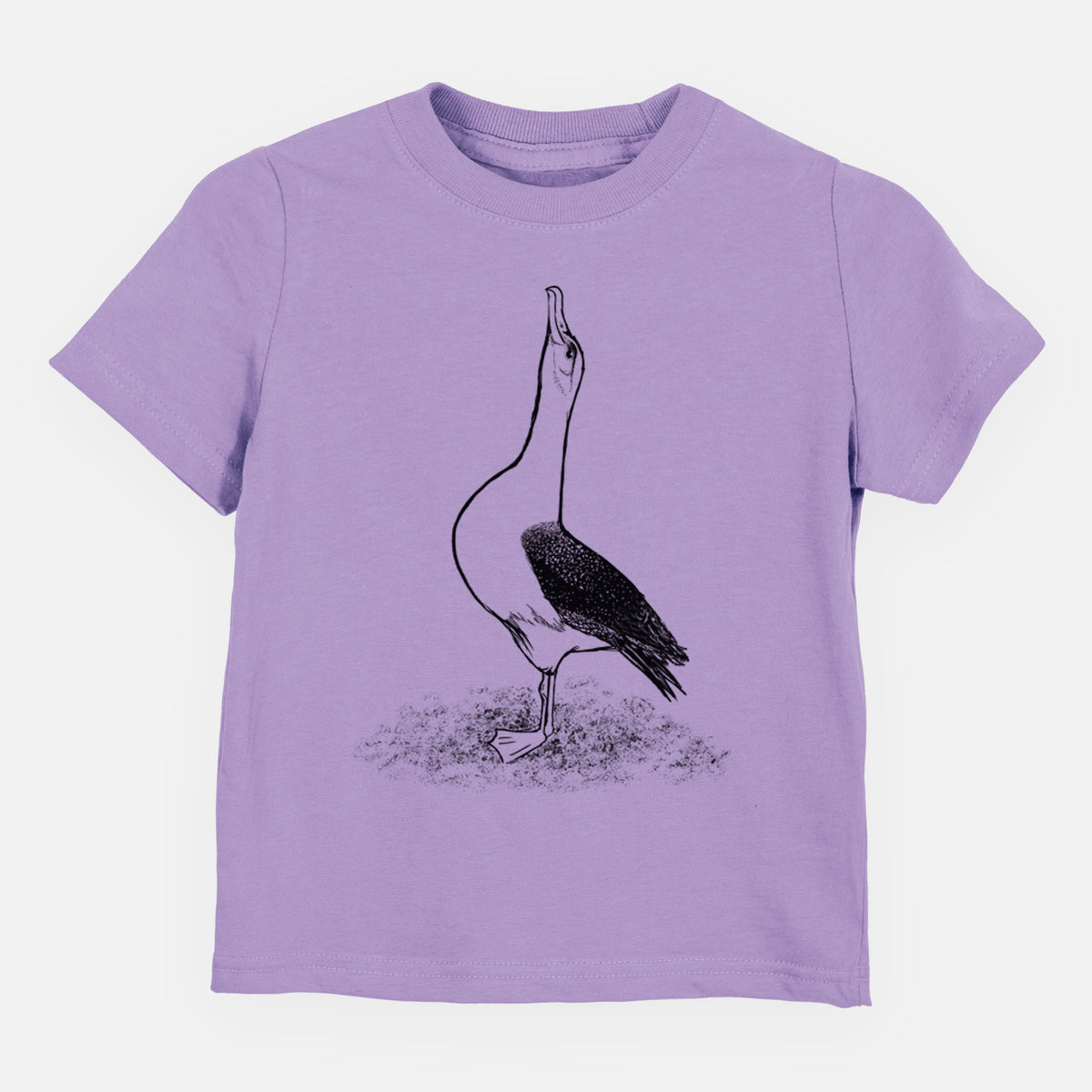 Lavender toddler t-shirt laid flat, printed with a black ink illustration of a wandering albatross with its head raised.