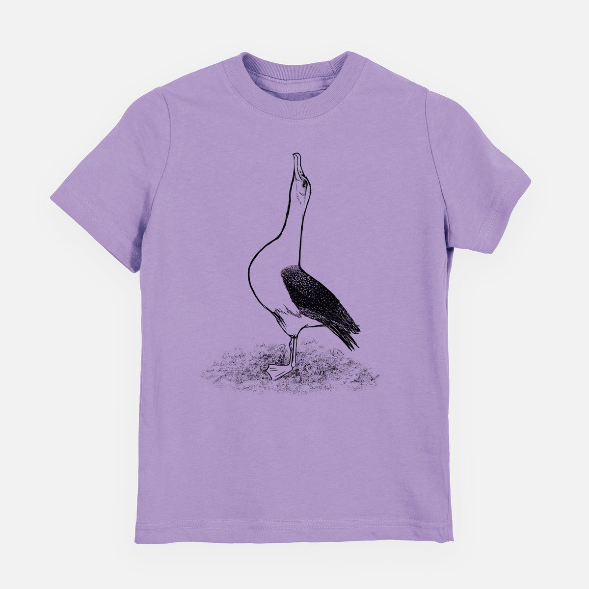 Lavender youth t-shirt laid flat, printed with a black ink illustration of a wandering albatross with its head raised.