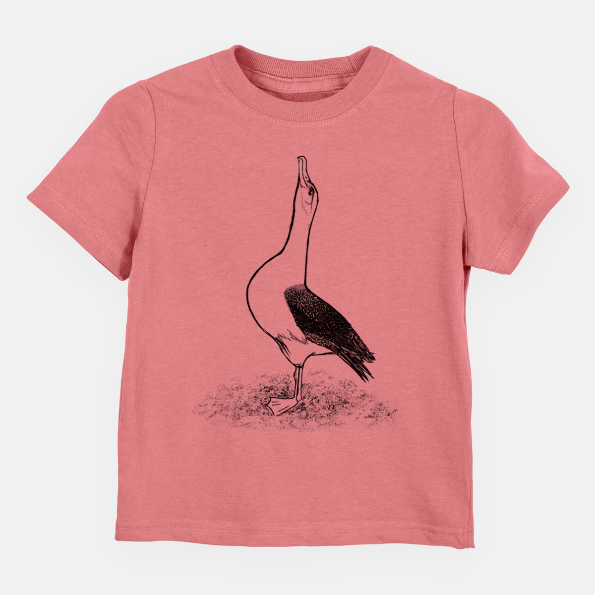 Mauve pink toddler t-shirt laid flat, printed with a black ink illustration of a wandering albatross with its head raised.