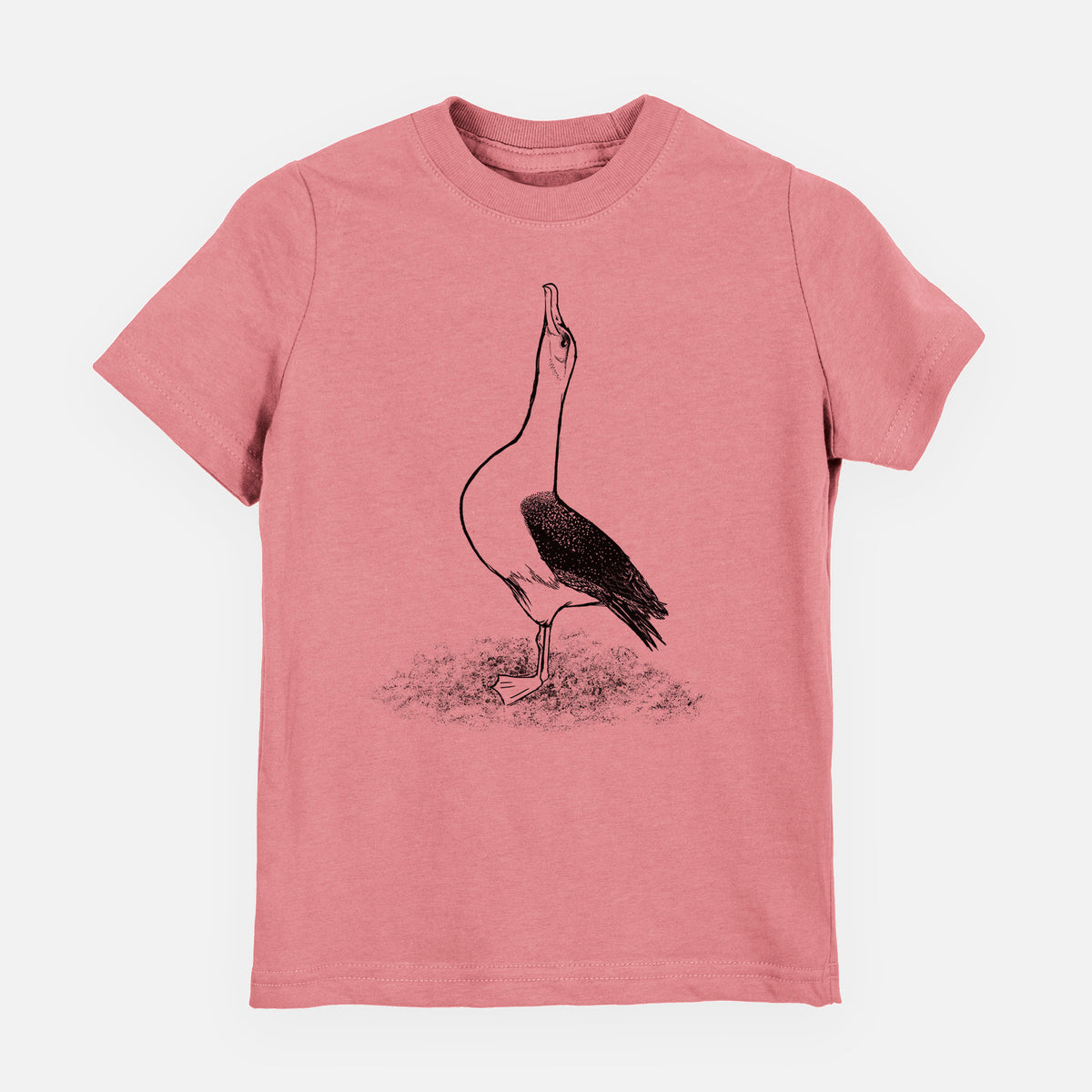 Mauve pink youth t-shirt laid flat, printed with a black ink illustration of a wandering albatross with its head raised.