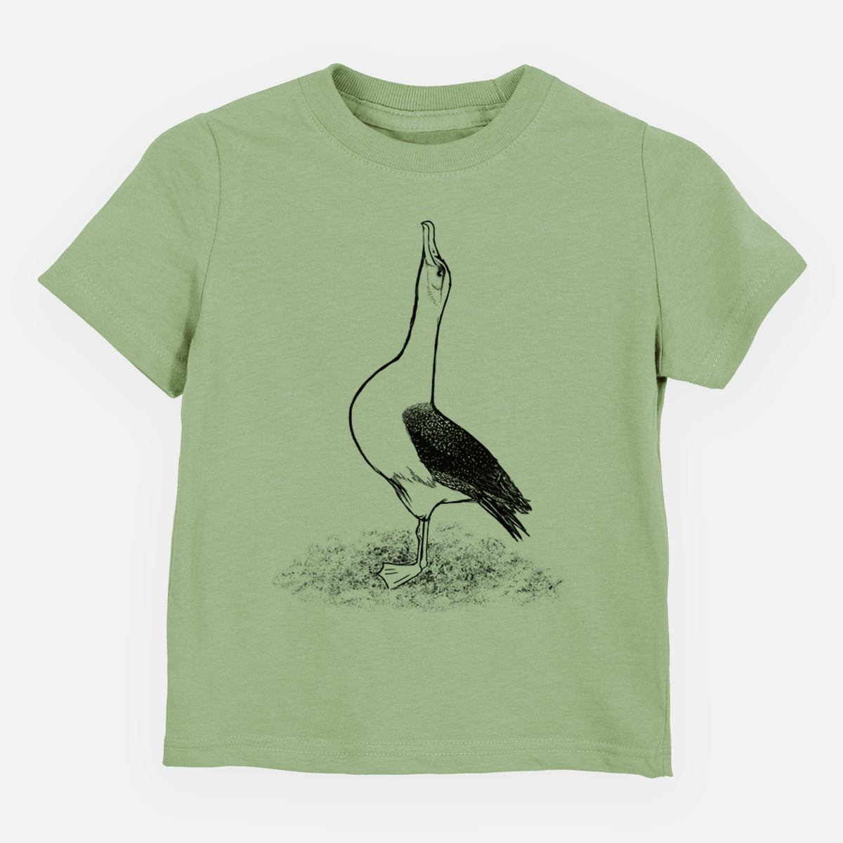 Sage green toddler t-shirt laid flat, printed with a black ink illustration of a wandering albatross with its head raised.