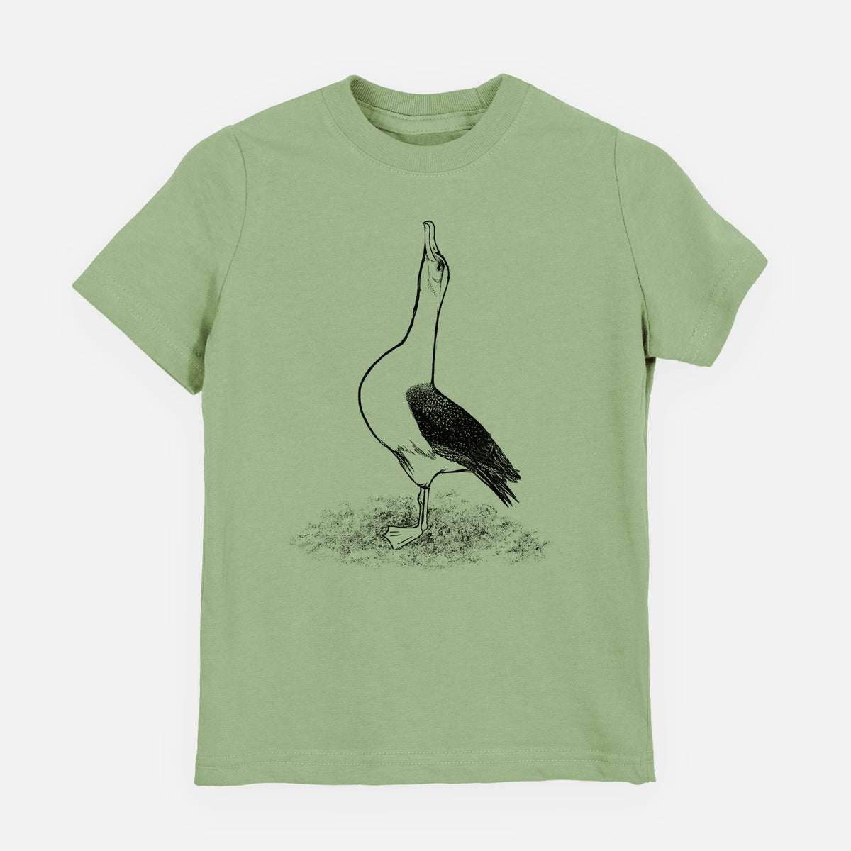 Sage green youth t-shirt laid flat, printed with a black ink illustration of a wandering albatross with its head raised.