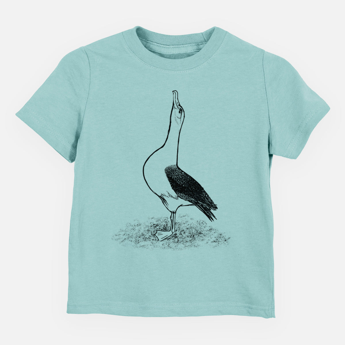 Saltwater toddler t-shirt laid flat, printed with a black ink illustration of a wandering albatross with its head raised.