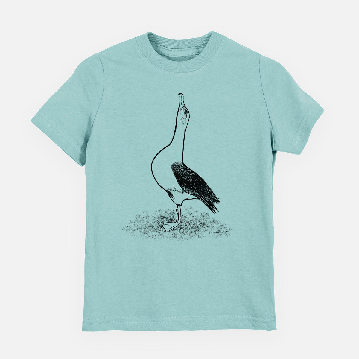 Saltwater youth t-shirt laid flat, printed with a black ink illustration of a wandering albatross with its head raised.