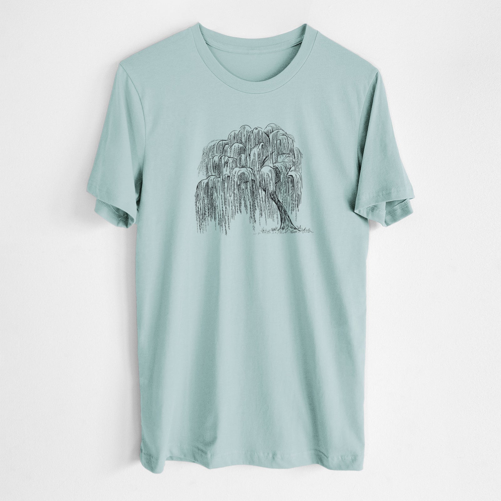 Dusty blue lightweight cotton t-shirt laid flat, printed with a black ink illustration of a weeping willow tree.