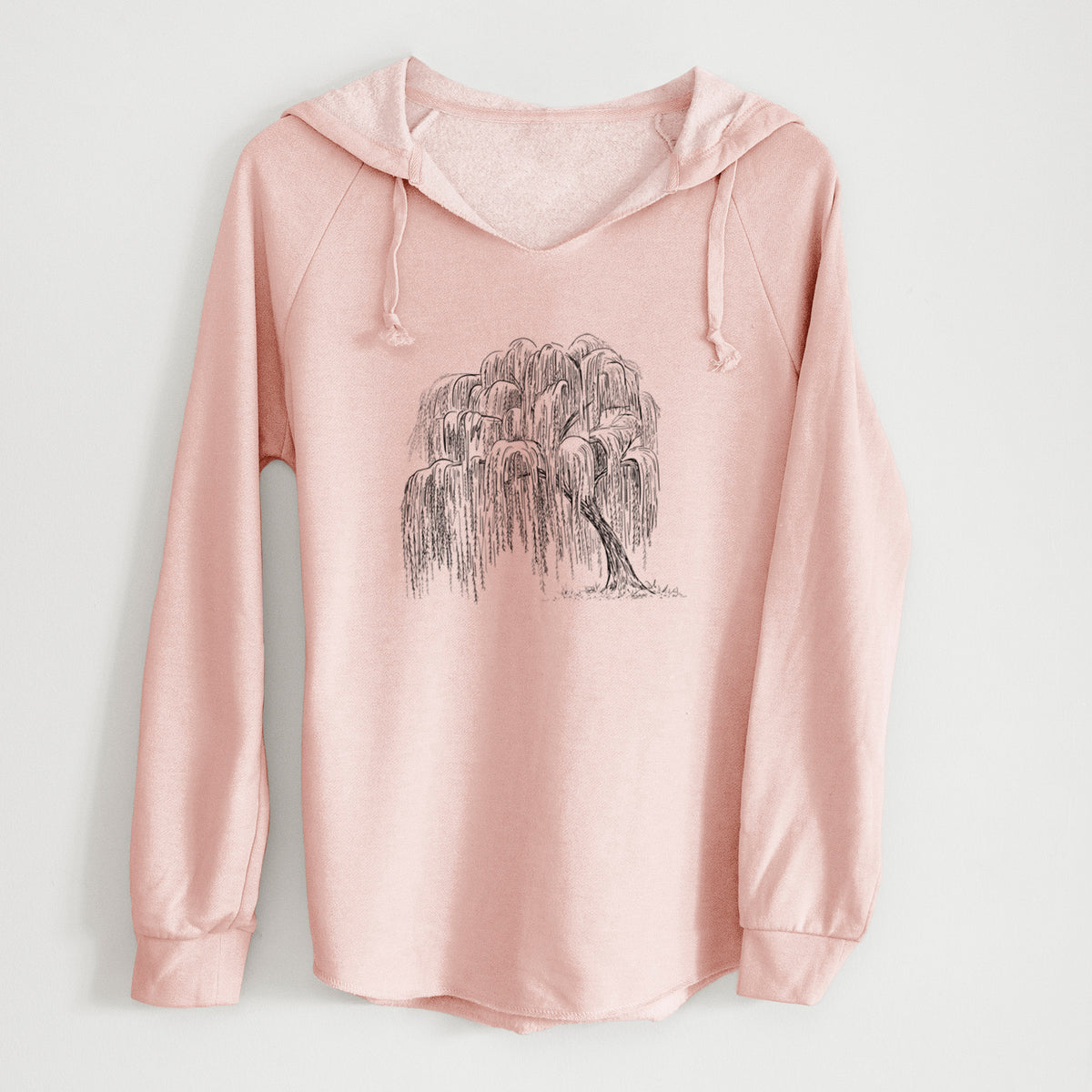 Blush pink women's Cali Wave hooded sweatshirt laid flat, printed with a black ink illustration of a weeping willow tree.