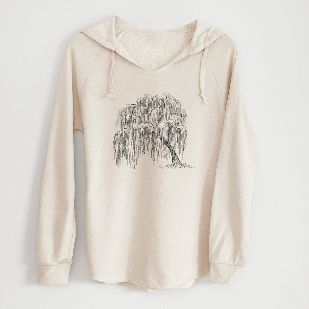 Bone cream women's Cali Wave hooded sweatshirt laid flat, printed with a black ink illustration of a weeping willow tree.