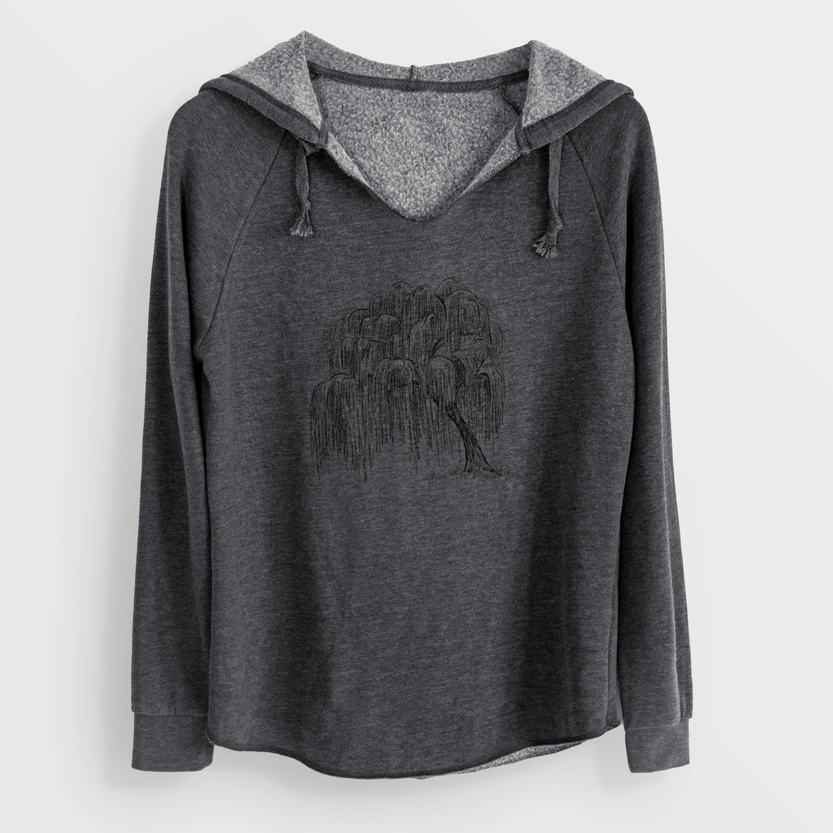 Charcoal grey women's Cali Wave hooded sweatshirt laid flat, printed with a black ink illustration of a weeping willow tree.