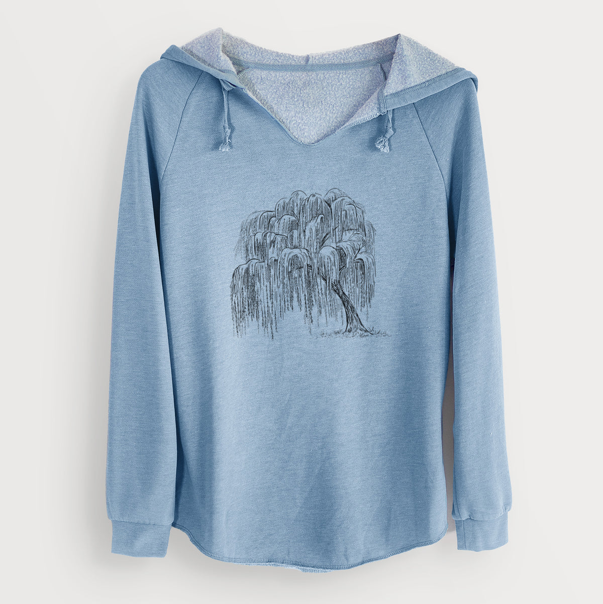 Misty blue women's Cali Wave hooded sweatshirt laid flat, printed with a black ink illustration of a weeping willow tree.