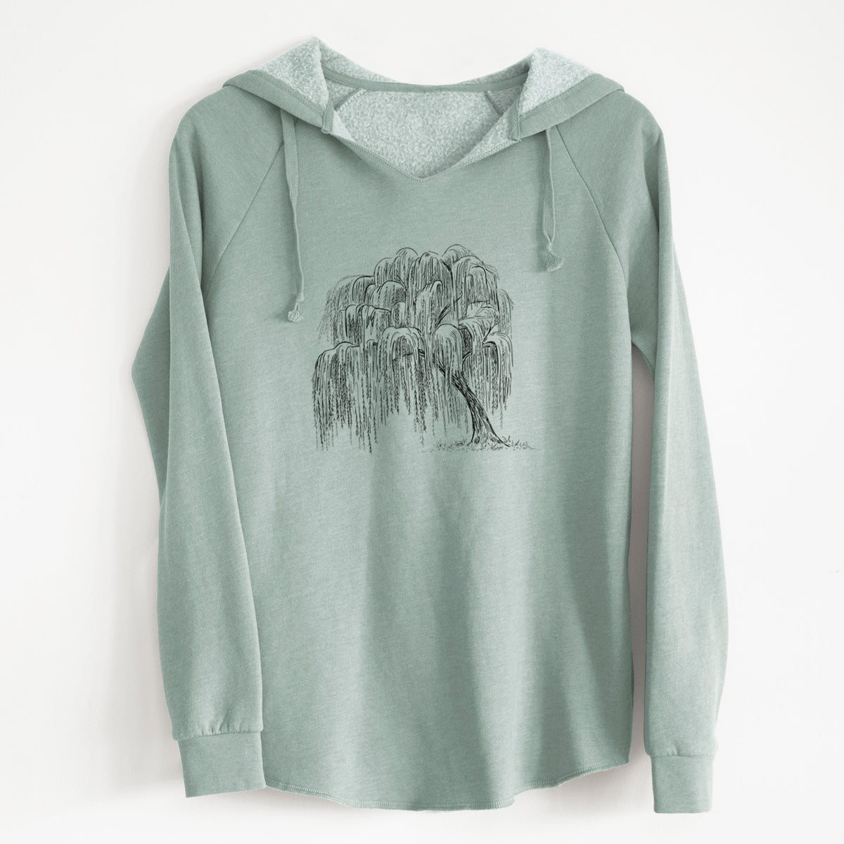 Sage green women's Cali Wave hooded sweatshirt laid flat, printed with a black ink illustration of a weeping willow tree.