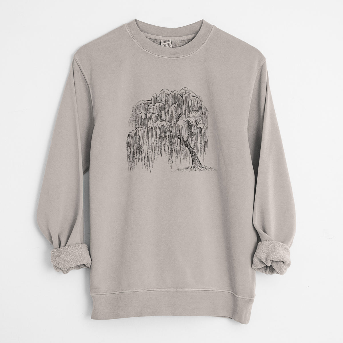 Cement grey pigment dyed crewneck sweatshirt laid flat with the sleeves rolled, printed with a black ink illustration of a weeping willow tree.