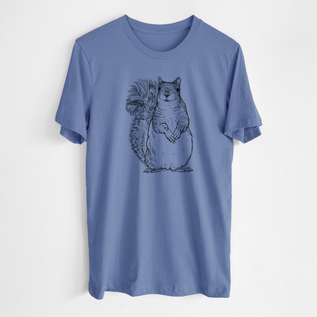 Blue bell lightweight cotton t-shirt laid flat, printed with a detailed black ink illustration of a western grey squirrel sitting upright with a bushy tail.