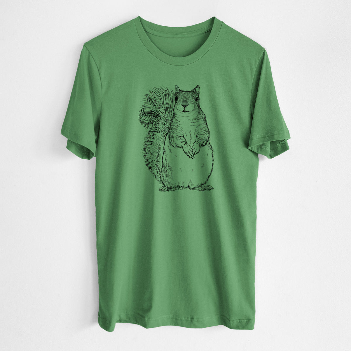 Leaf green lightweight cotton t-shirt laid flat, printed with a detailed black ink illustration of a western grey squirrel sitting upright with a bushy tail.