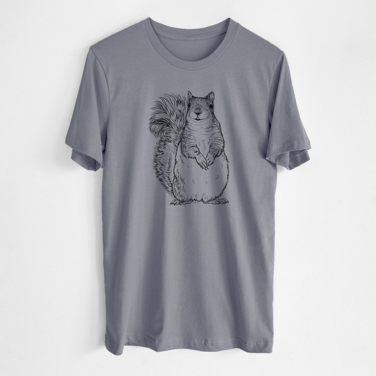 Storm grey lightweight cotton t-shirt laid flat, printed with a detailed black ink illustration of a western grey squirrel sitting upright with a bushy tail.