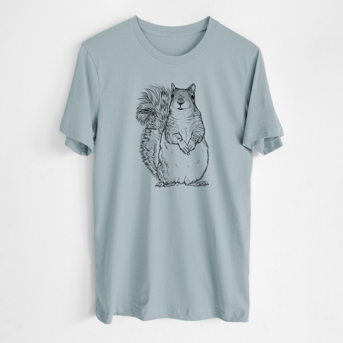 Vintage denim lightweight cotton t-shirt laid flat, printed with a detailed black ink illustration of a western grey squirrel sitting upright with a bushy tail.