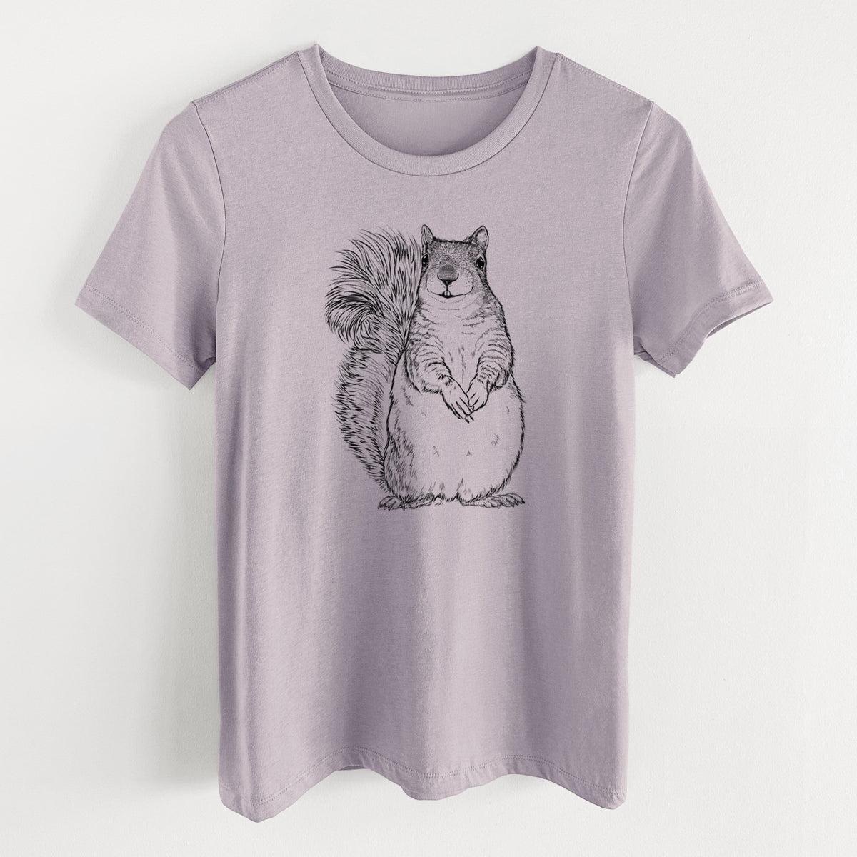Light violet women's relaxed fit cotton t-shirt laid flat, printed with a detailed black ink illustration of a western grey squirrel sitting upright with a bushy tail.
