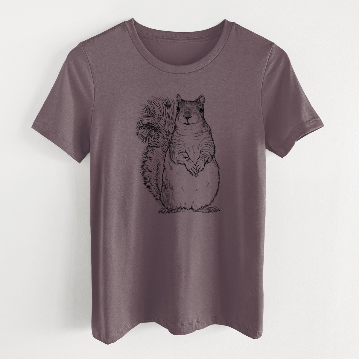 Purple storm women's relaxed fit cotton t-shirt laid flat, printed with a detailed black ink illustration of a western grey squirrel sitting upright with a bushy tail.