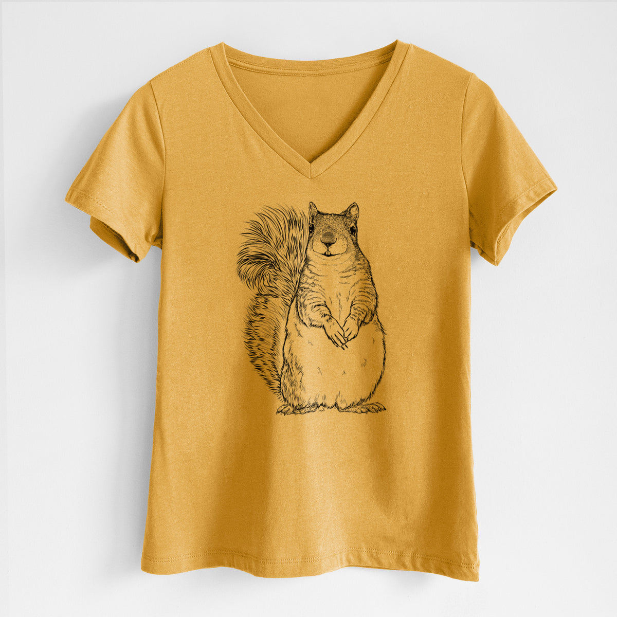 Honeycomb yellow women's relaxed fit cotton V-neck t-shirt laid flat, printed with a detailed black ink illustration of a western grey squirrel sitting upright with a bushy tail.