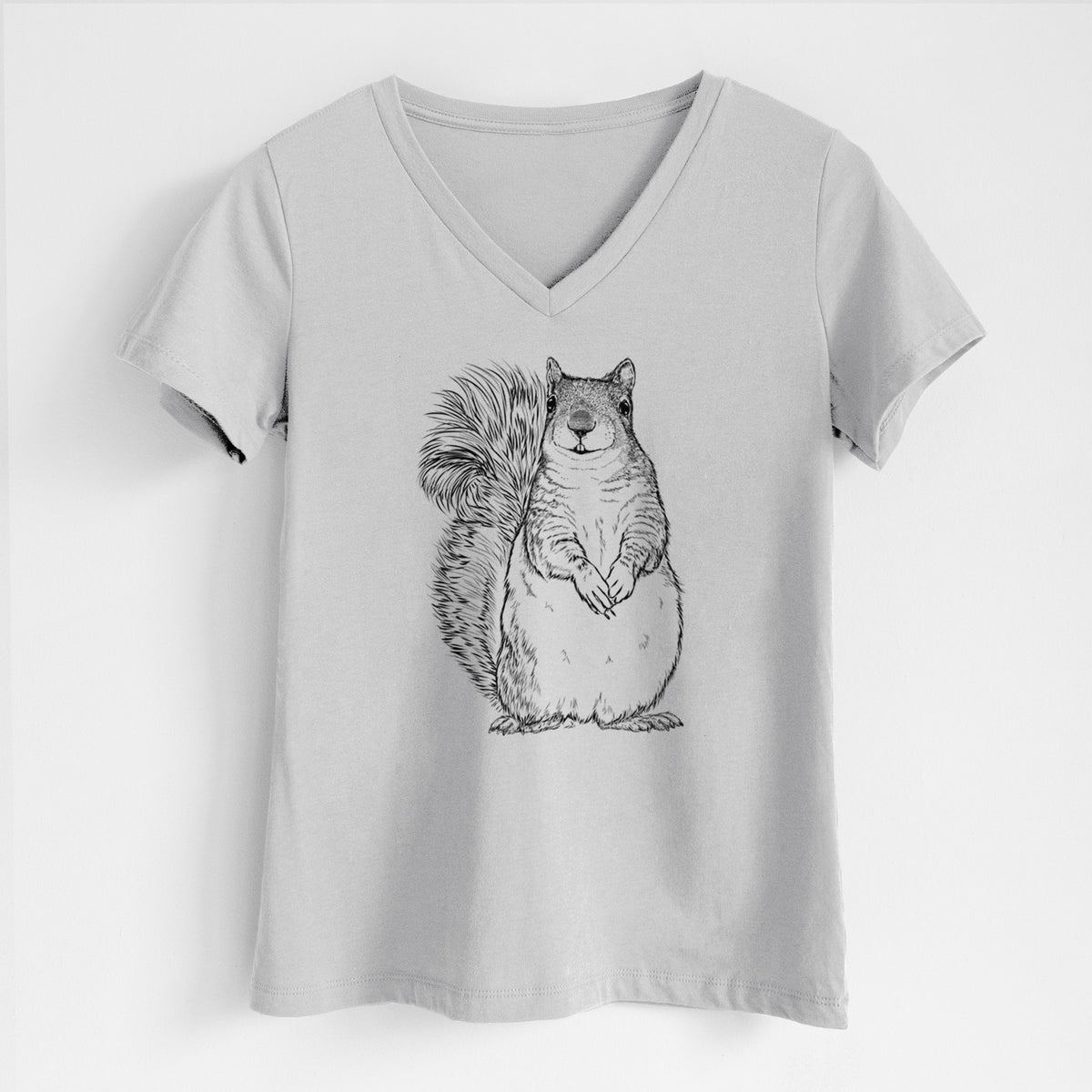 Lunar grey women's relaxed fit cotton V-neck t-shirt laid flat, printed with a detailed black ink illustration of a western grey squirrel sitting upright with a bushy tail.
