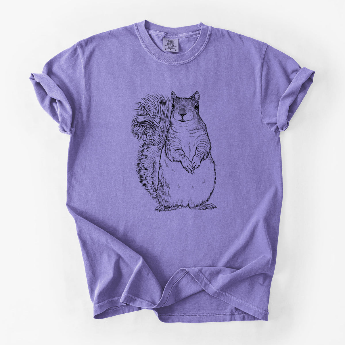 Violet purple Comfort Colors t-shirt laid flat, printed with a detailed black ink illustration of a western grey squirrel sitting upright with a bushy tail.