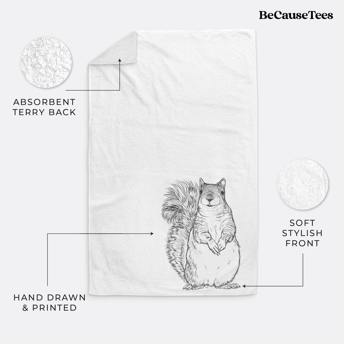 White hand towel printed with a detailed black ink illustration of a western grey squirrel sitting upright with a bushy tail.