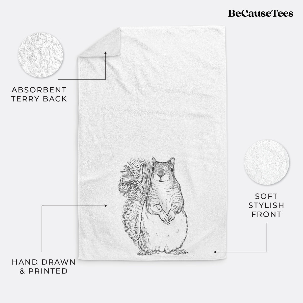 White hand towel printed with a detailed black ink illustration of a western grey squirrel sitting upright with a bushy tail.