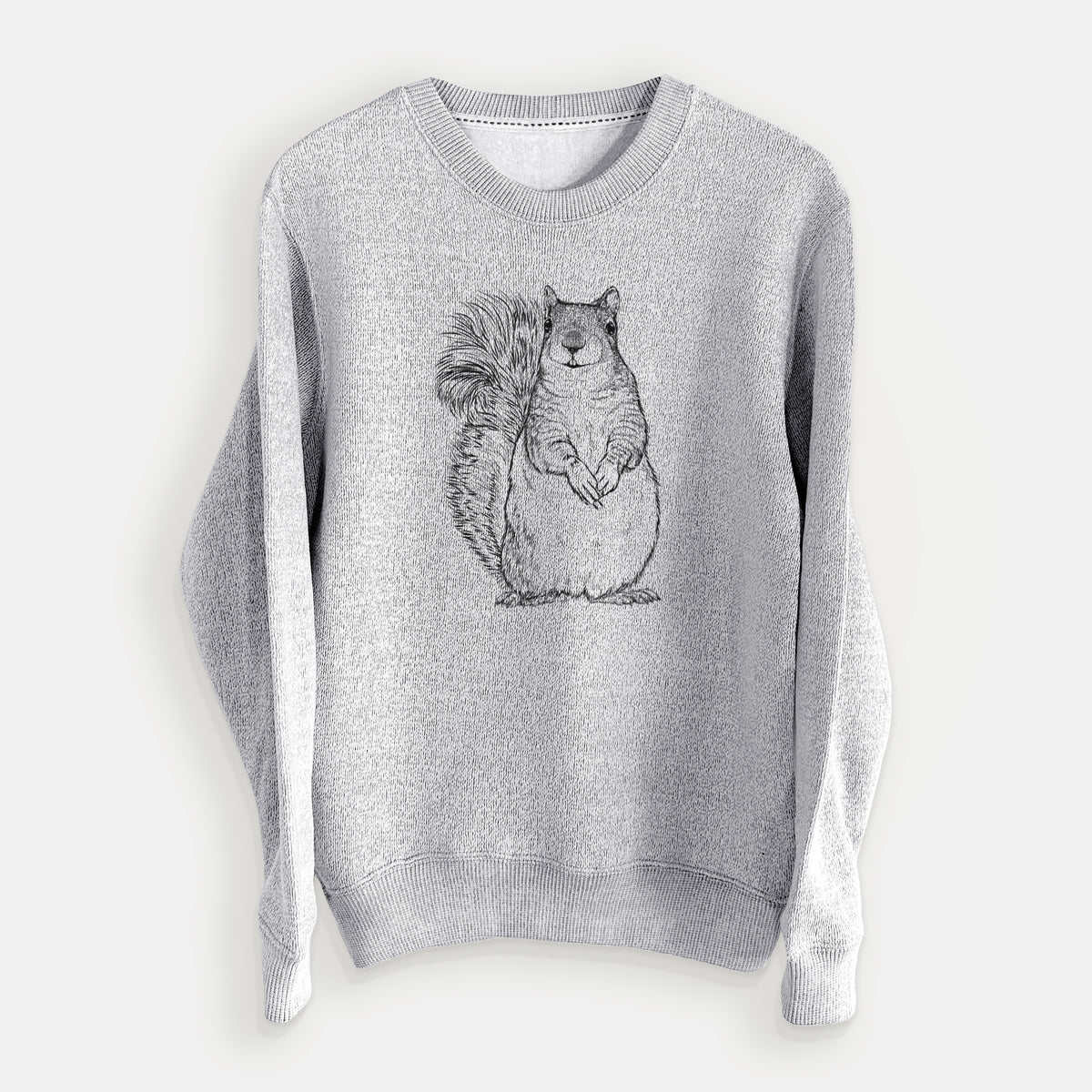 Salt and pepper knit sweatshirt laid flat, printed with a detailed black ink illustration of a western grey squirrel sitting upright with a bushy tail.