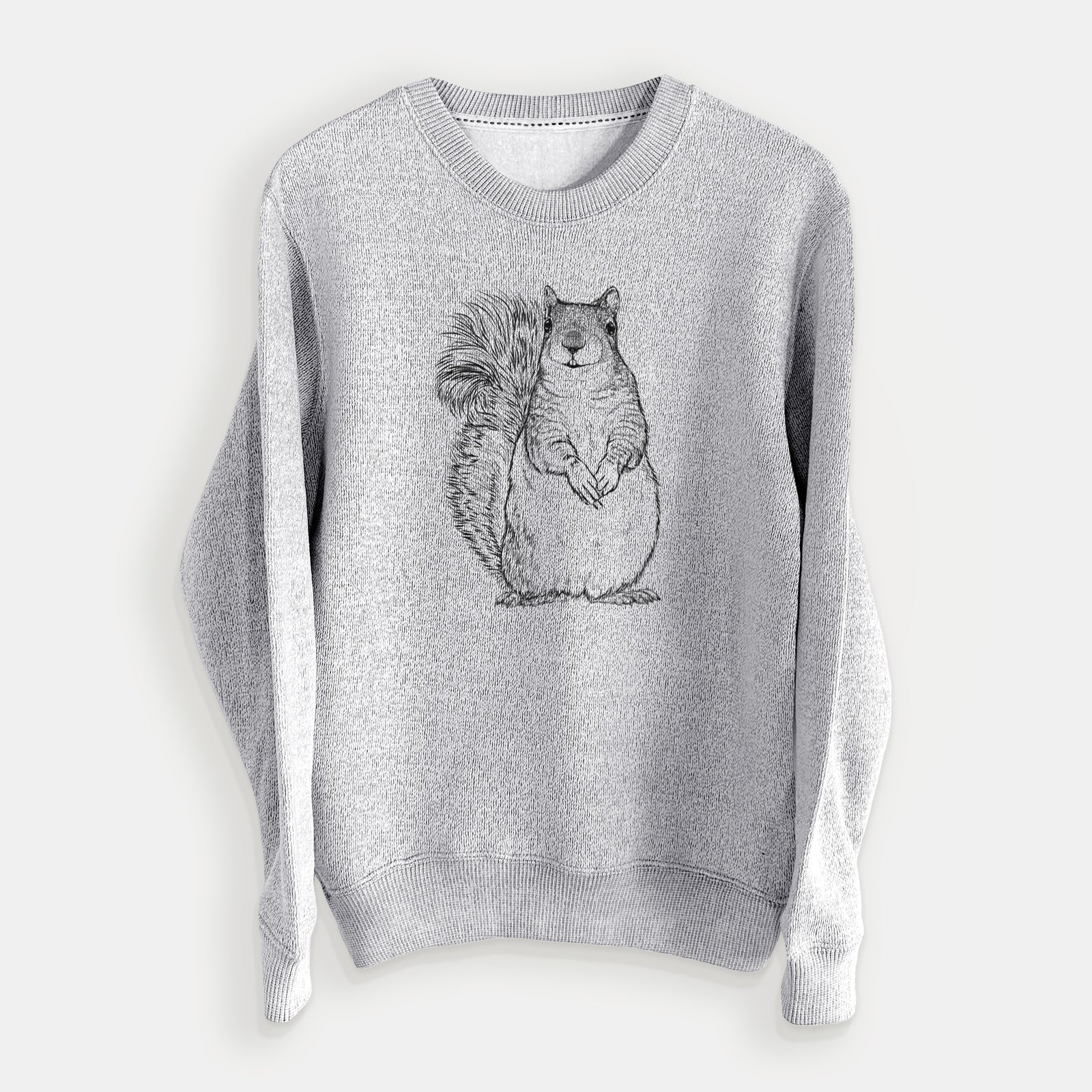 Salt and pepper knit sweatshirt laid flat, printed with a detailed black ink illustration of a western grey squirrel sitting upright with a bushy tail.