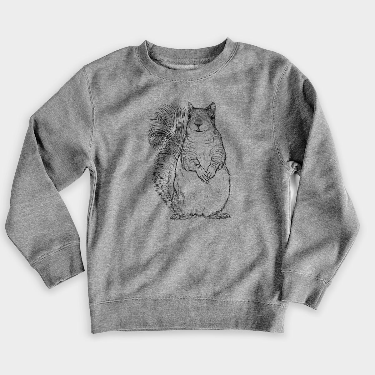 Nickel grey youth crewneck sweatshirt laid flat, printed with a detailed black ink illustration of a western grey squirrel sitting upright with a bushy tail.