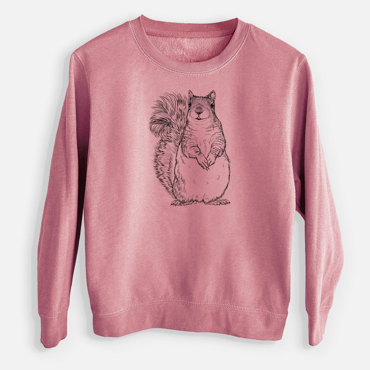 Mauve pink youth crewneck sweatshirt laid flat, printed with a detailed black ink illustration of a western grey squirrel sitting upright with a bushy tail.